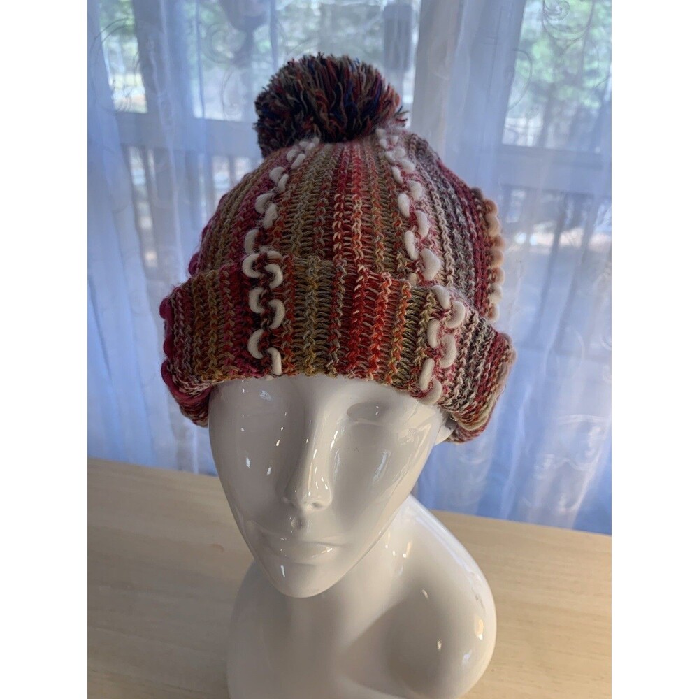 Multicolor Knit Cuffed Beanie with Poof Fashion By Mirabeau Winter Hat Reds